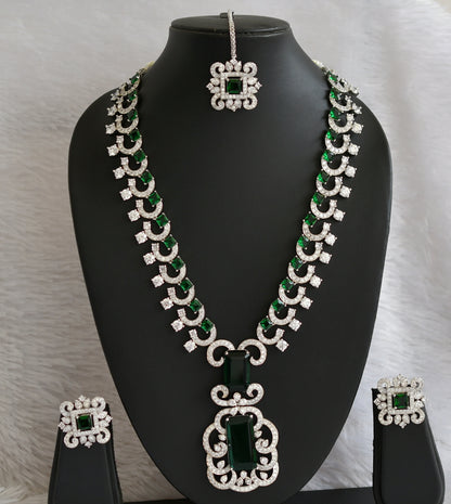 Silver tone cz Bottle green stone Nitu ambani inspired short haar set dj-46984