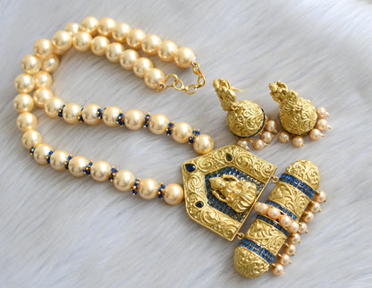 Matte finish blue stone pearl Lakshmi necklace set dj-42345