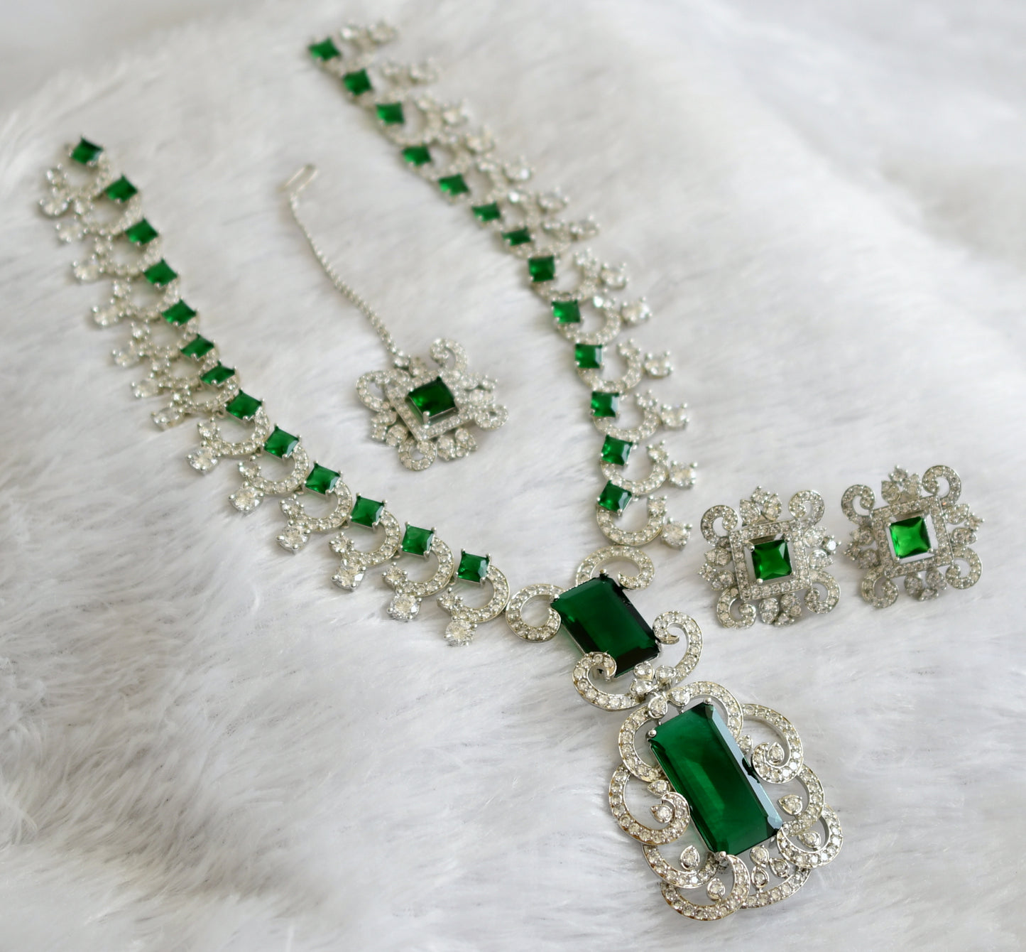 Silver tone cz Bottle green stone Nitu ambani inspired short haar set dj-46984