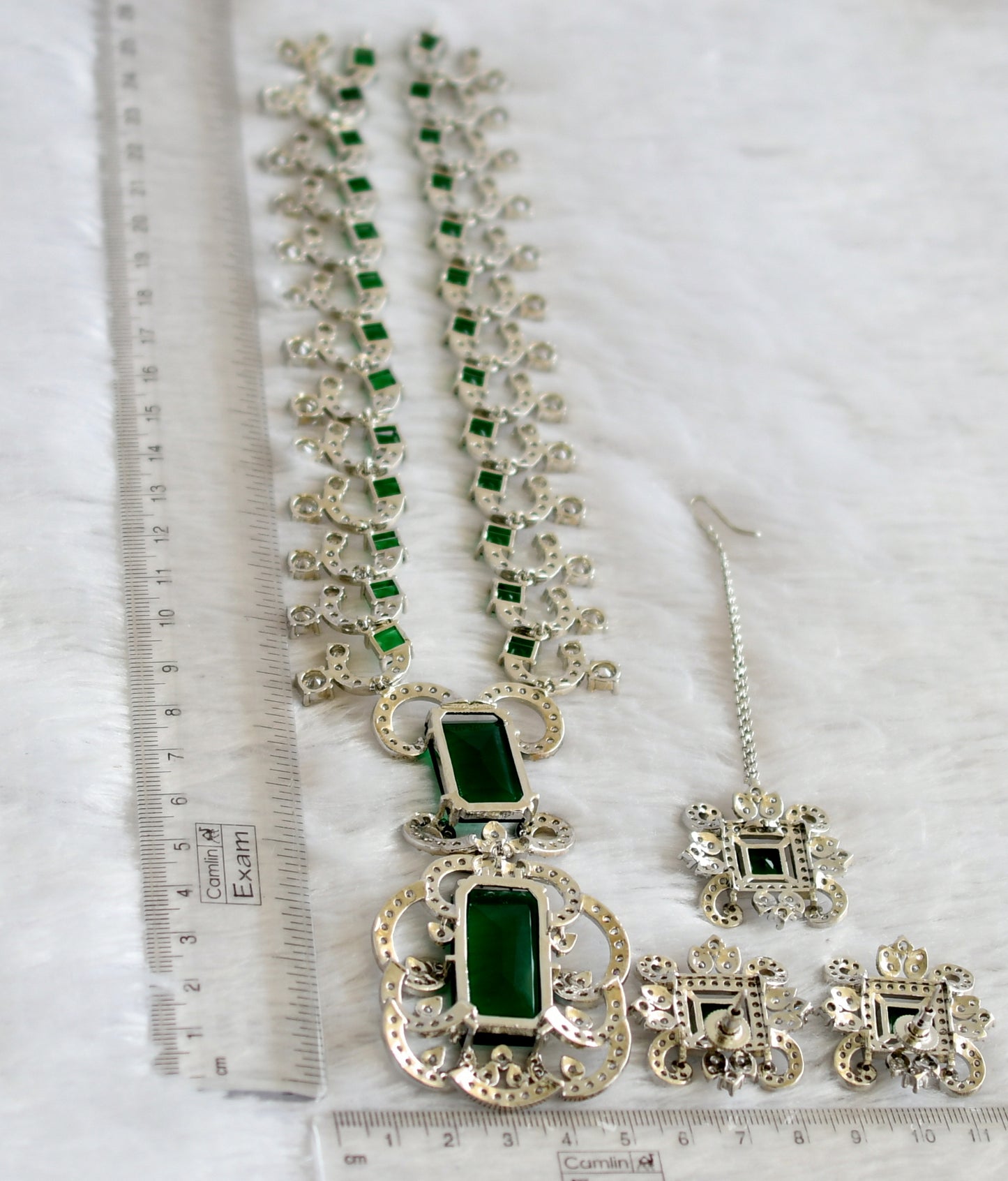 Silver tone cz Bottle green stone Nitu ambani inspired short haar set dj-46984