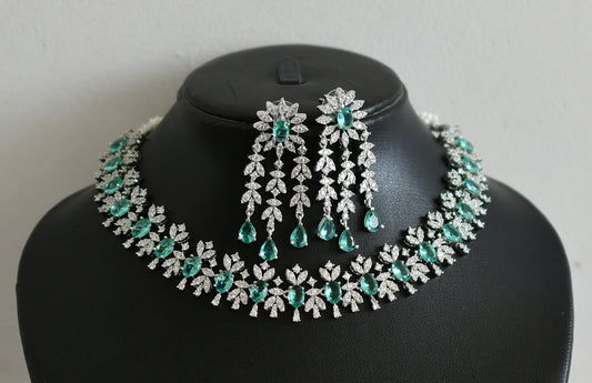 Silver tone cz white-sea green oval stone necklace set dj-48758