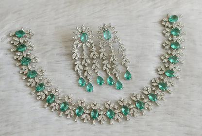 Silver tone cz white-sea green oval stone necklace set dj-48758