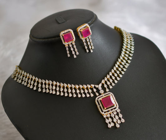 Two tone cz ruby block stone necklace set dj-46989