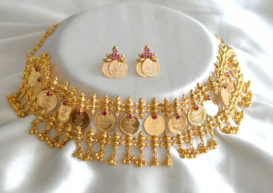 Gold tone kerala style pink stone lakshmi coin choker necklace set dj-43667