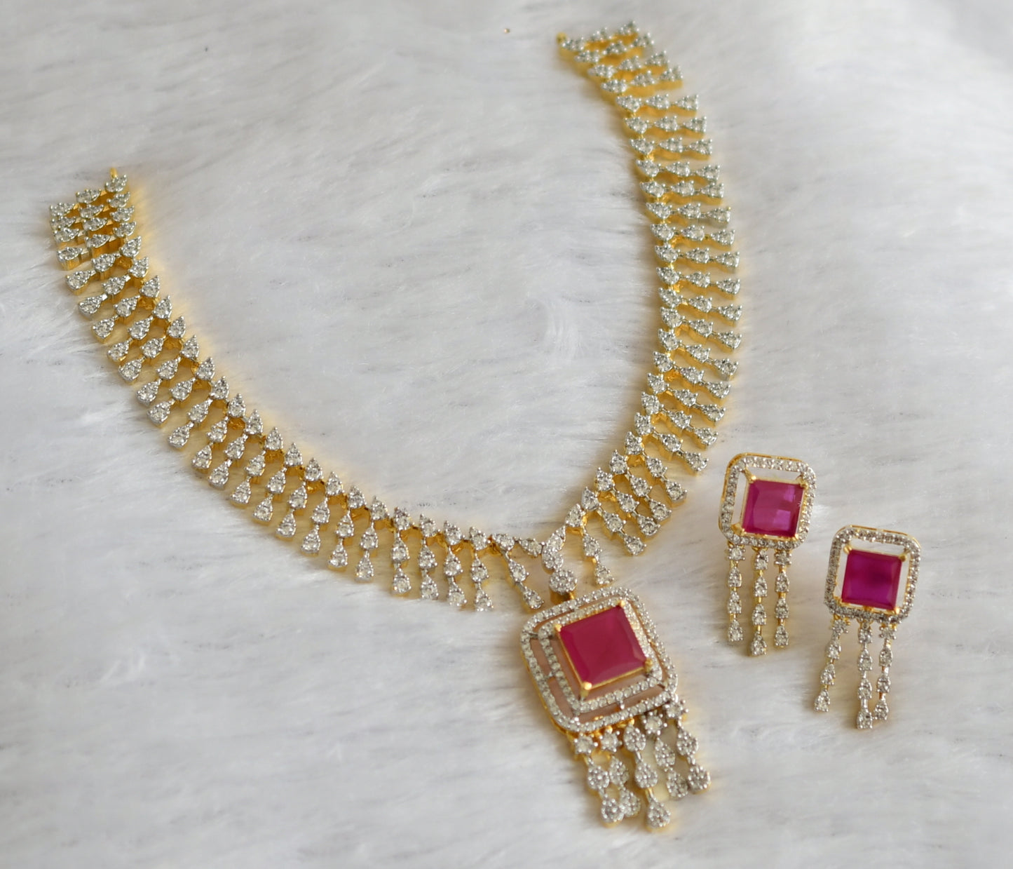 Two tone cz ruby block stone necklace set dj-46989