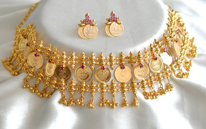 Gold tone kerala style pink stone lakshmi coin choker necklace set dj-43667