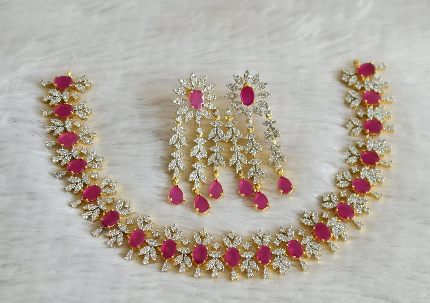 Two tone cz ruby oval stone necklace set dj-48752