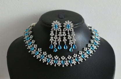 Silver tone cz white-sky blue oval stone necklace set dj-48759