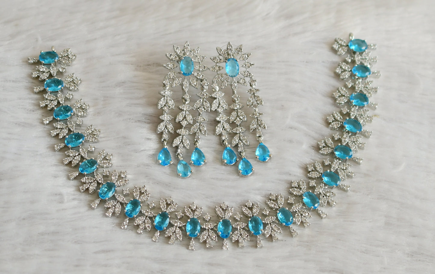 Silver tone cz white-sky blue oval stone necklace set dj-48759