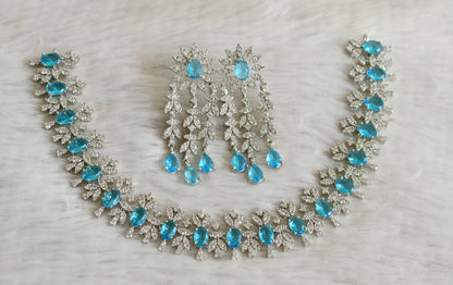 Silver tone cz white-sky blue oval stone necklace set dj-48759