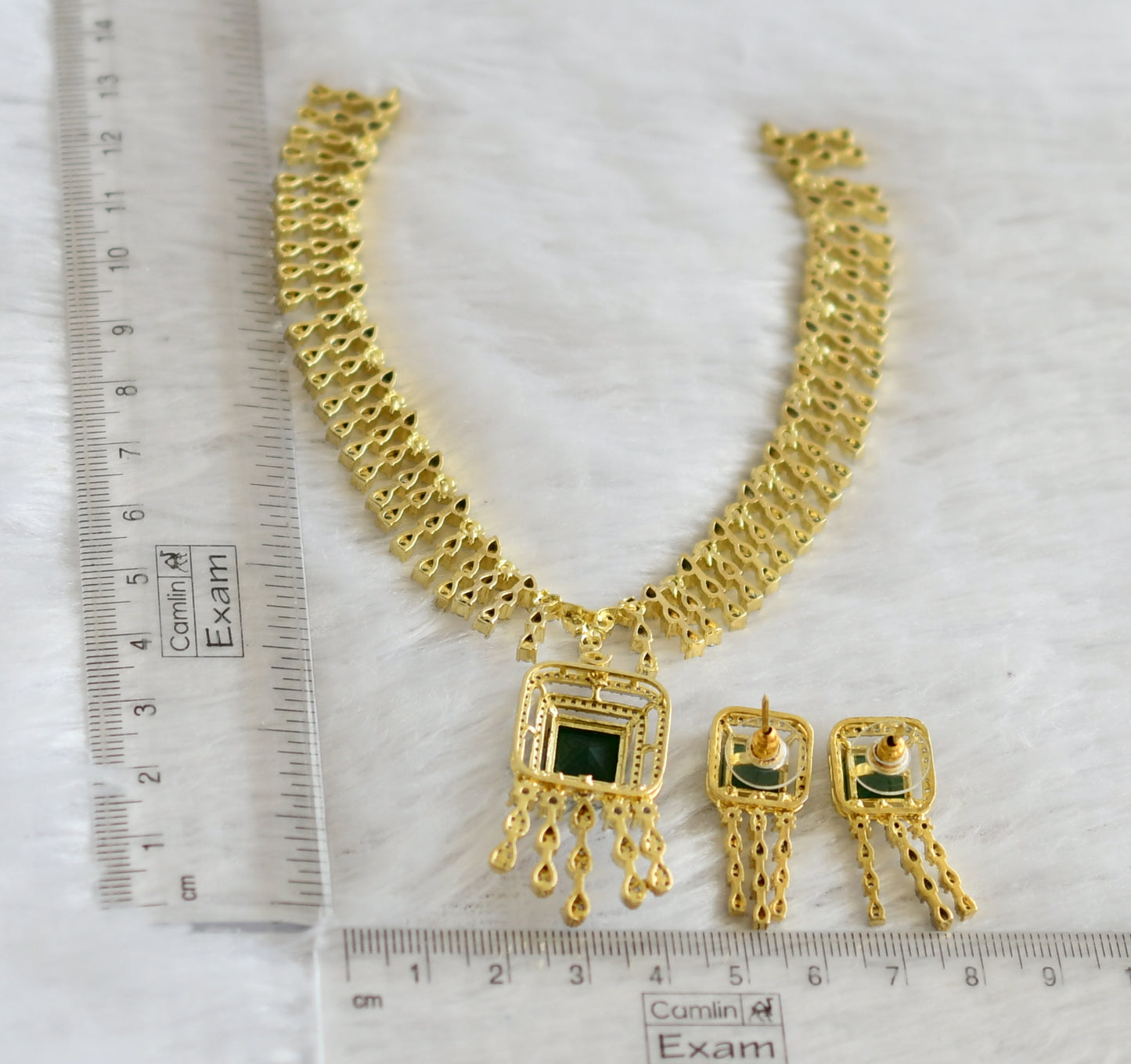 Two tone cz emerald block stone necklace set dj-46990
