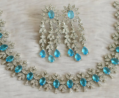 Silver tone cz white-sky blue oval stone necklace set dj-48759