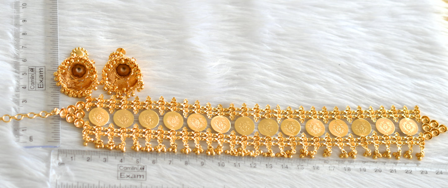 Gold tone kerala style pink lakshmi coin choker necklace set dj-43666