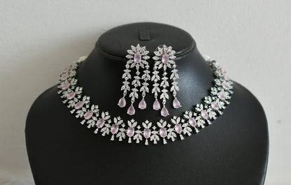 Silver tone cz white-baby pink oval stone necklace set dj-48760