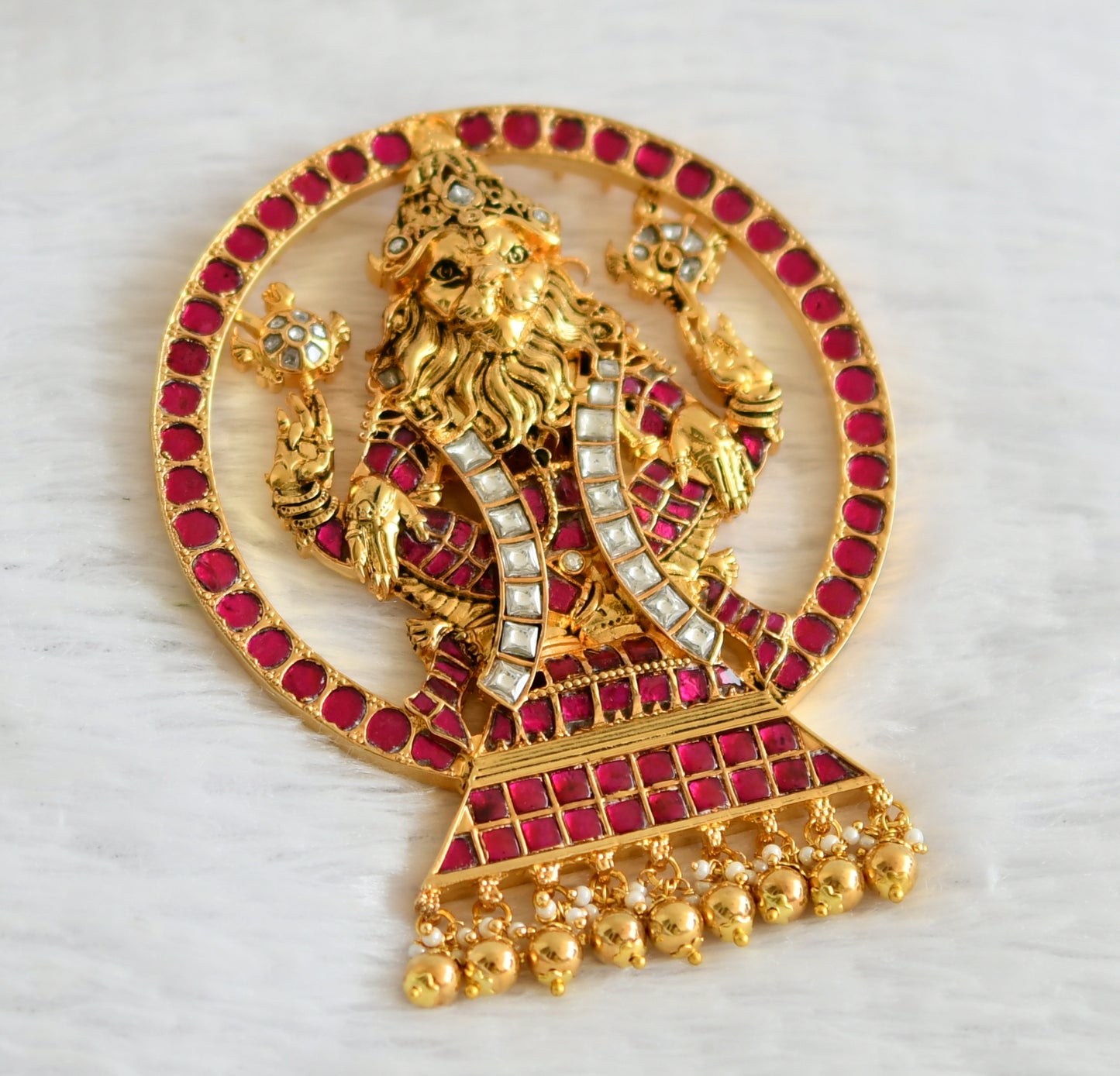 Gold tone pink-white kundan jadau big sri narasimma pendant dj-50668