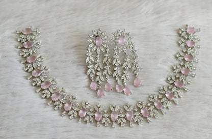 Silver tone cz white-baby pink oval stone necklace set dj-48760