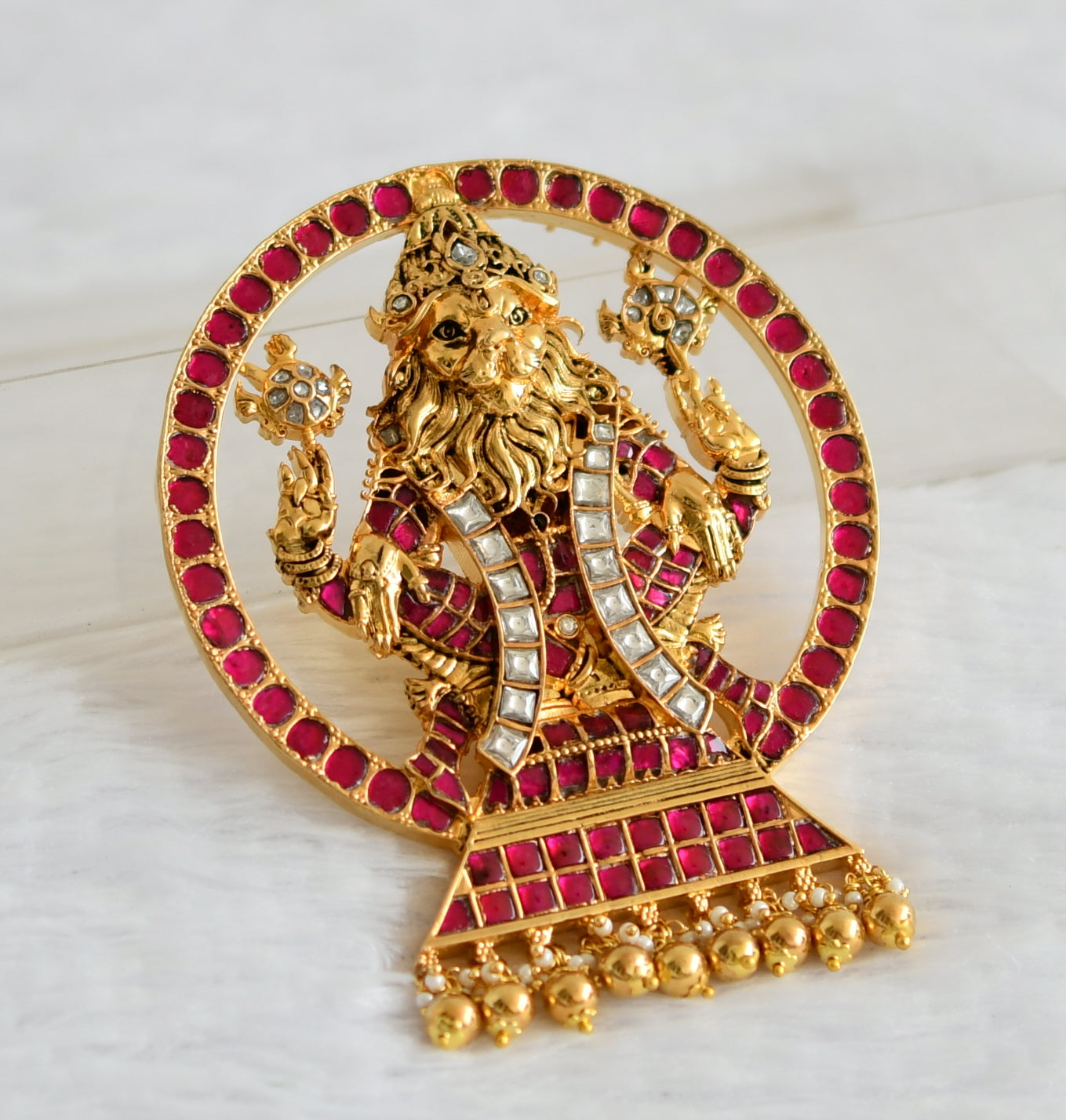 Gold tone pink-white kundan jadau big sri narasimma pendant dj-50668