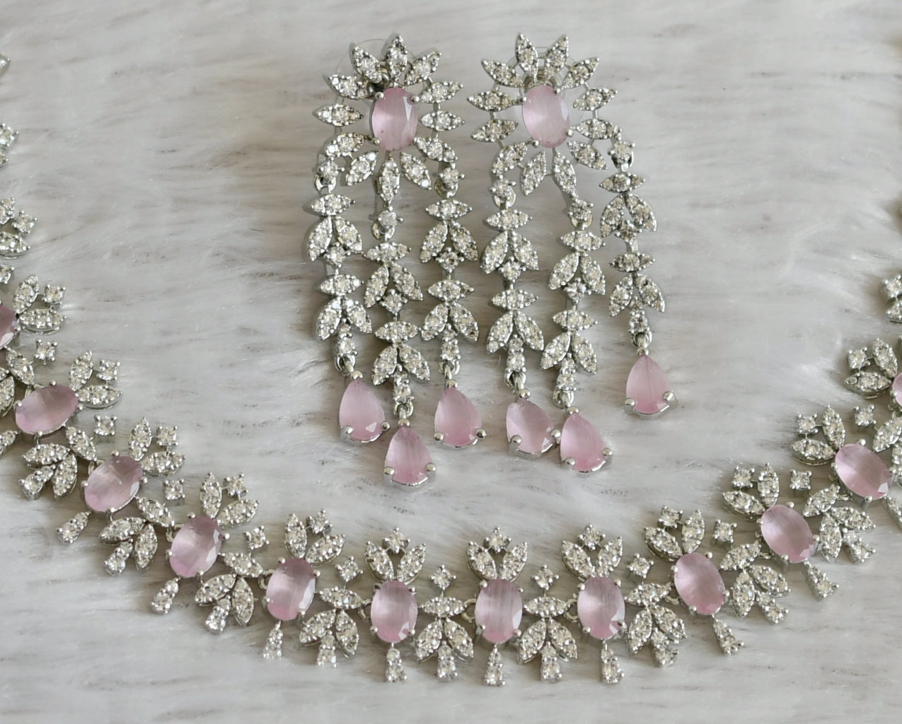 Silver tone cz white-baby pink oval stone necklace set dj-48760