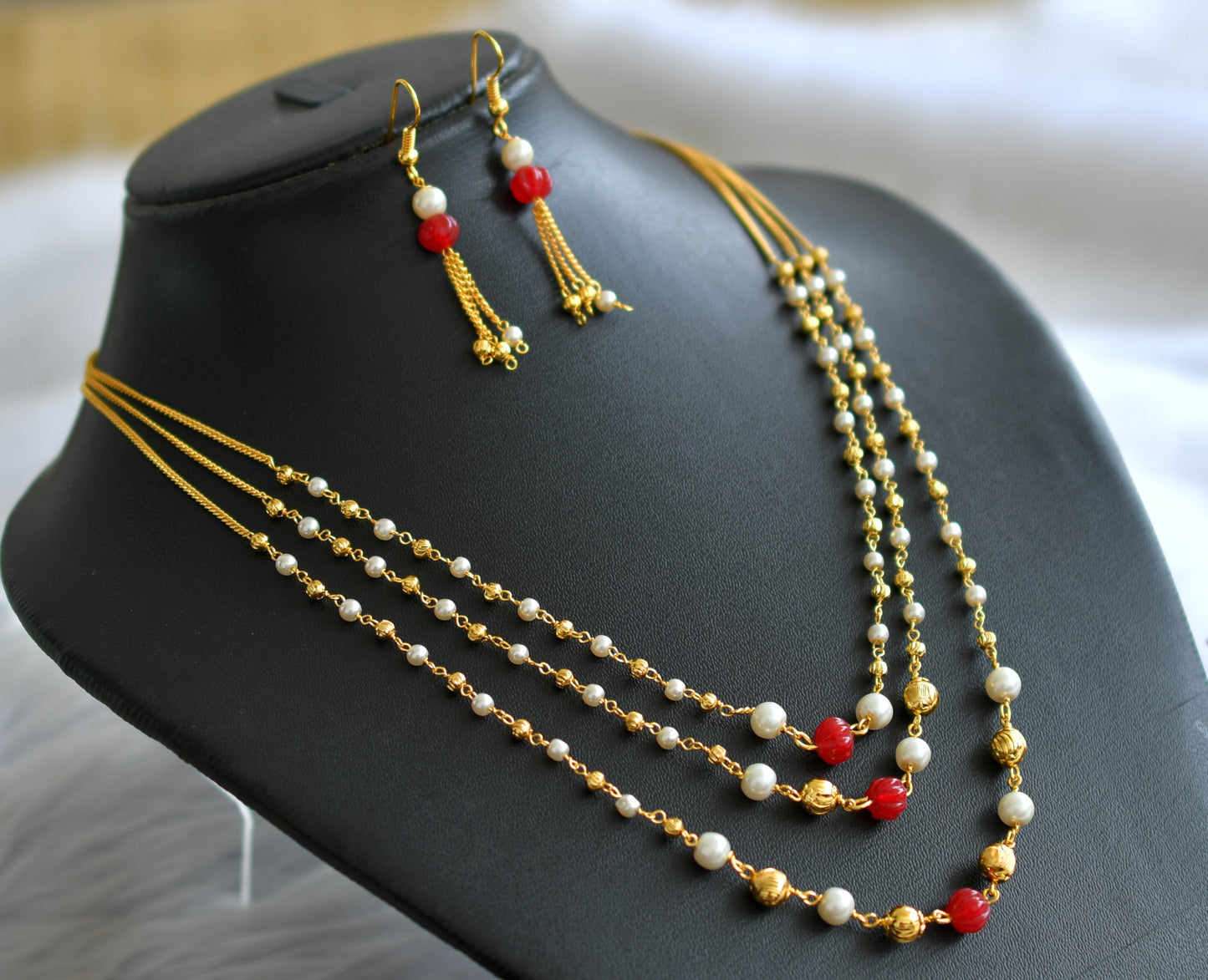 Gold tone pearl red pumpkin bead multi layer necklace set dj-43660