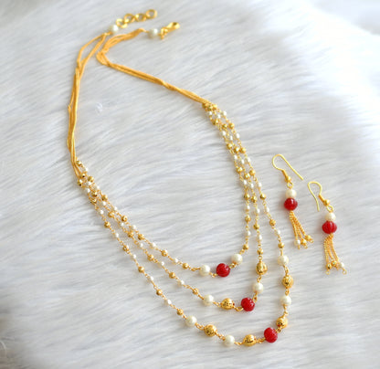 Gold tone pearl red pumpkin bead multi layer necklace set dj-43660