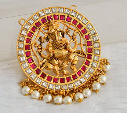 Gold tone pink-white kundan jadau ganesha pearl bead round pendant dj-50663