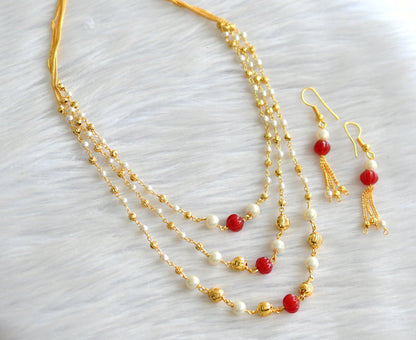 Gold tone pearl red pumpkin bead multi layer necklace set dj-43660