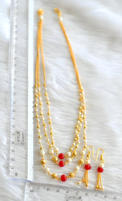 Gold tone pearl red pumpkin bead multi layer necklace set dj-43660