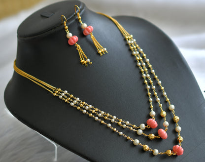 Gold tone pearl pink pumpkin bead multi layer necklace set dj-43659