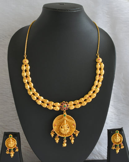 Gold tone ruby-green lakshmi uncut polki necklace set  dj-46993