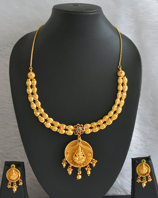 Gold tone ruby-green lakshmi uncut polki necklace set  dj-46993