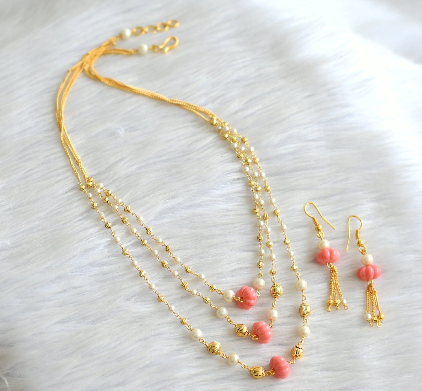 Gold tone pearl pink pumpkin bead multi layer necklace set dj-43659