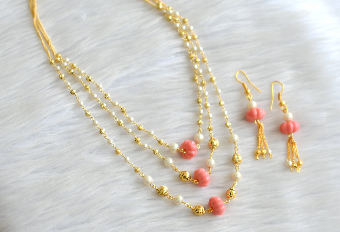 Gold tone pearl pink pumpkin bead multi layer necklace set dj-43659