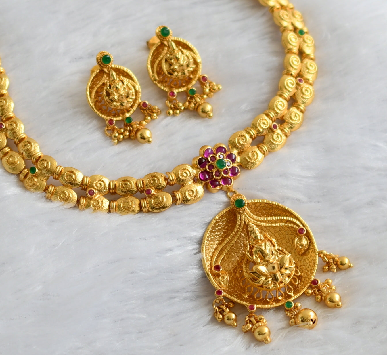 Gold tone ruby-green lakshmi uncut polki necklace set  dj-46993