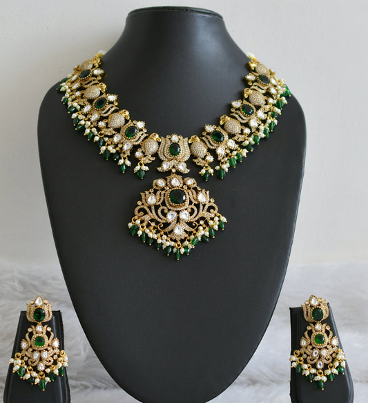 Antique gold tone cz green-white green beaded victorian big parrot-lotus  necklace set dj-48745