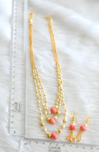 Gold tone pearl pink pumpkin bead multi layer necklace set dj-43659