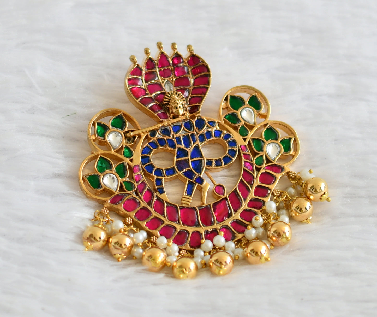 Gold tone pink-green-white-blue kundan jadau krishna naga pendant dj-50671