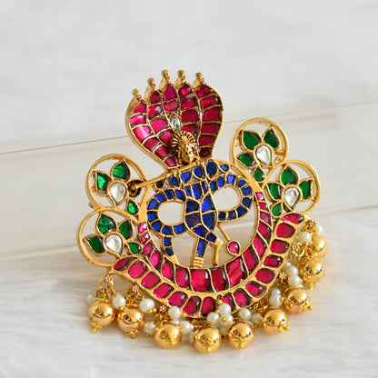Gold tone pink-green-white-blue kundan jadau krishna naga pendant dj-50671
