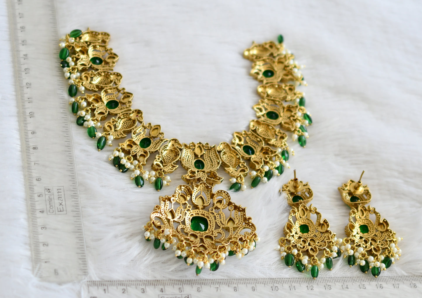 Antique gold tone cz green-white green beaded victorian big parrot-lotus  necklace set dj-48745