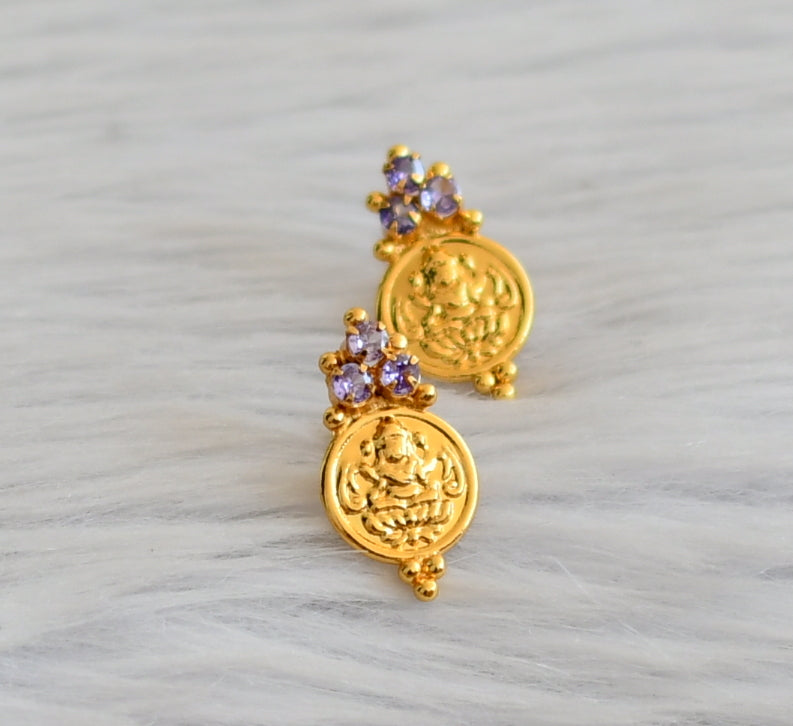 Gold tone purple stone lakshmi coin earrings dj-45314