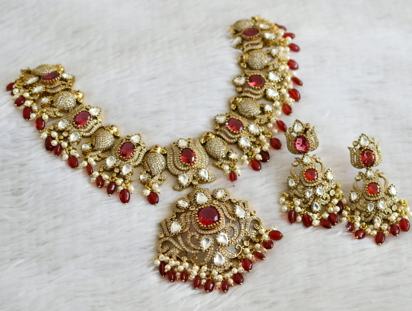 Antique gold tone cz magenta pink-white beaded victorian big parrot-lotus necklace set dj-48746