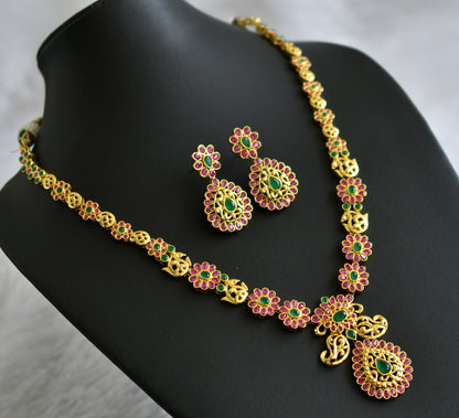 Gold tone ruby-emerald mango flower necklace set dj-46992