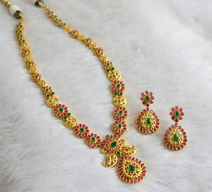 Gold tone ruby-emerald mango flower necklace set dj-46992