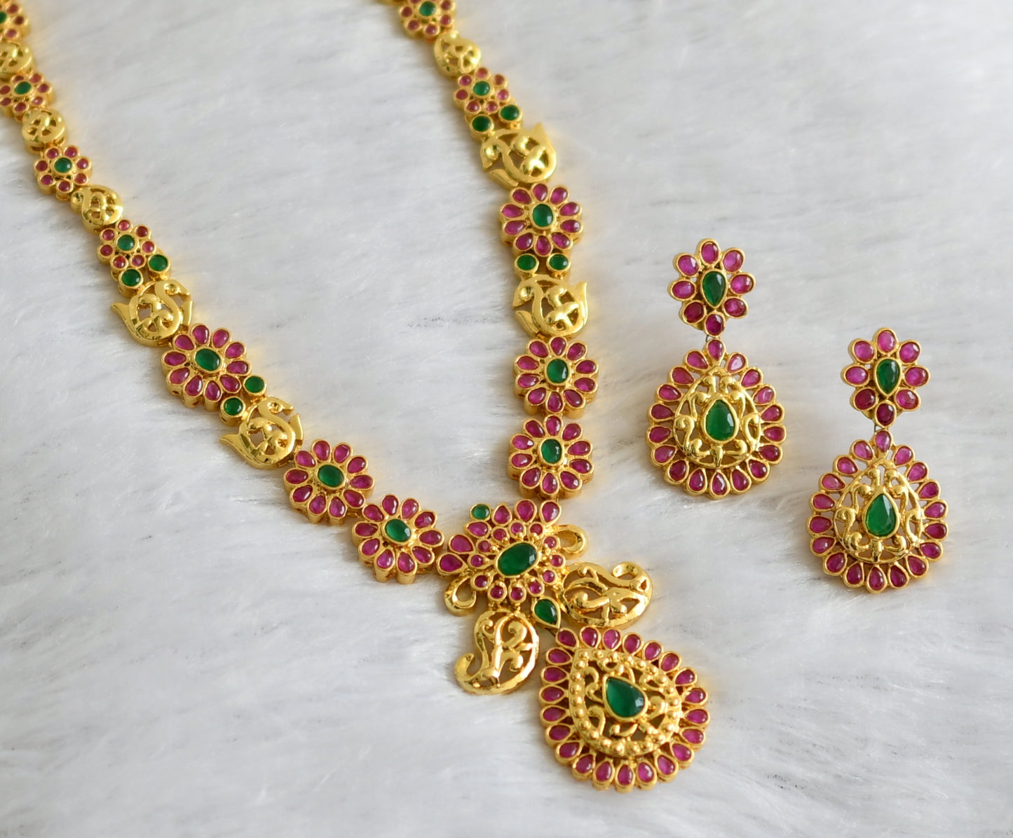 Gold tone ruby-emerald mango flower necklace set dj-46992