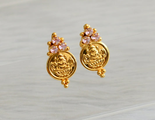 Gold tone baby pink stone lakshmi coin earrings dj-45315