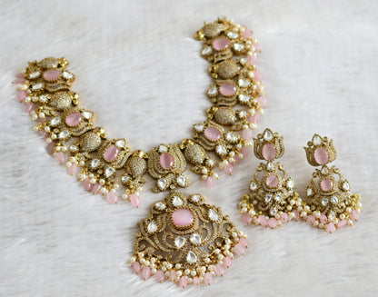 Antique gold tone cz baby pink-white beaded victorian big parrot-lotus necklace set dj-48747