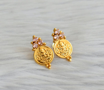 Gold tone baby pink stone lakshmi coin earrings dj-45315