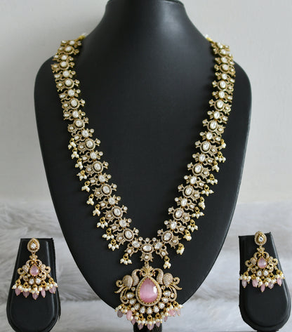 Antique gold tone cz white baby pink pearl cluster beaded victorian peacock haar set dj-48748