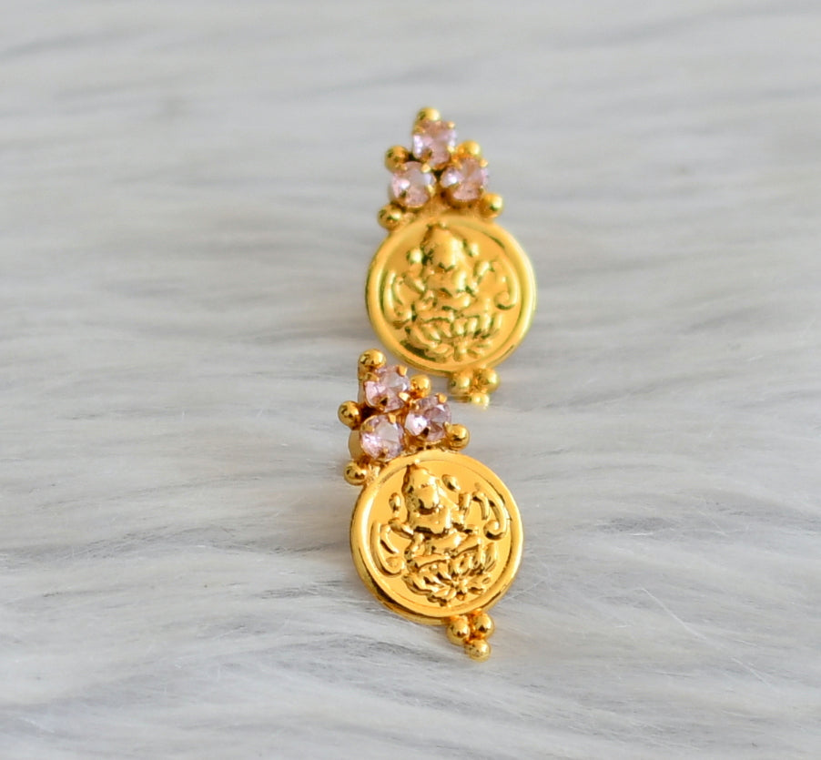 Gold tone baby pink stone lakshmi coin earrings dj-45315