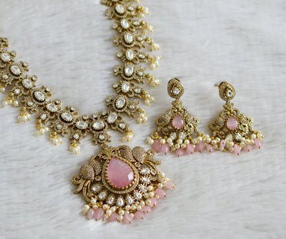 Antique gold tone cz white baby pink pearl cluster beaded victorian peacock haar set dj-48748