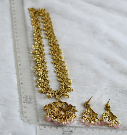 Antique gold tone cz white baby pink pearl cluster beaded victorian peacock haar set dj-48748